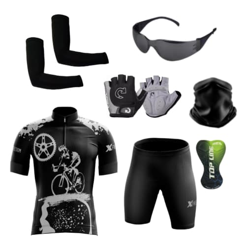 Kit Conjunto Ciclismo Camisa e Bermuda + Par de Luvas + Óculos de Proteção + Manguitos + Bandana