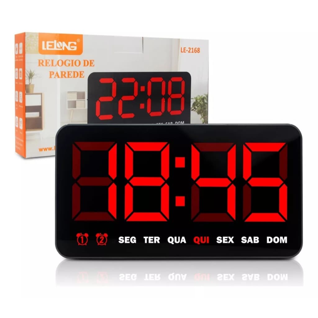 Relógio Digital 10,5x21Cm Para Parede Temperatura Calendário Horário Prático E Fácil De Se Usar