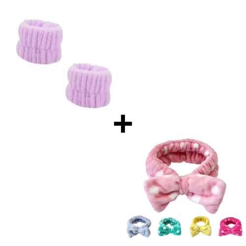 Kit 1 Par de Faixa De Pulso De Lavagem Facial + 1 Faixa Tiara para Cabelo com Laço p/ Make Skin Care