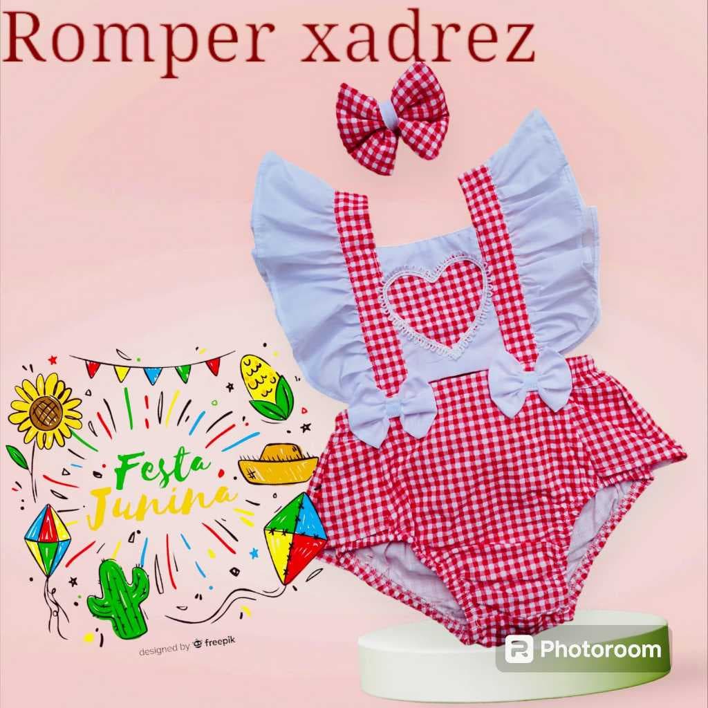 Jardineira romper xadrez infantil, coleção festas juninas.+ tiara