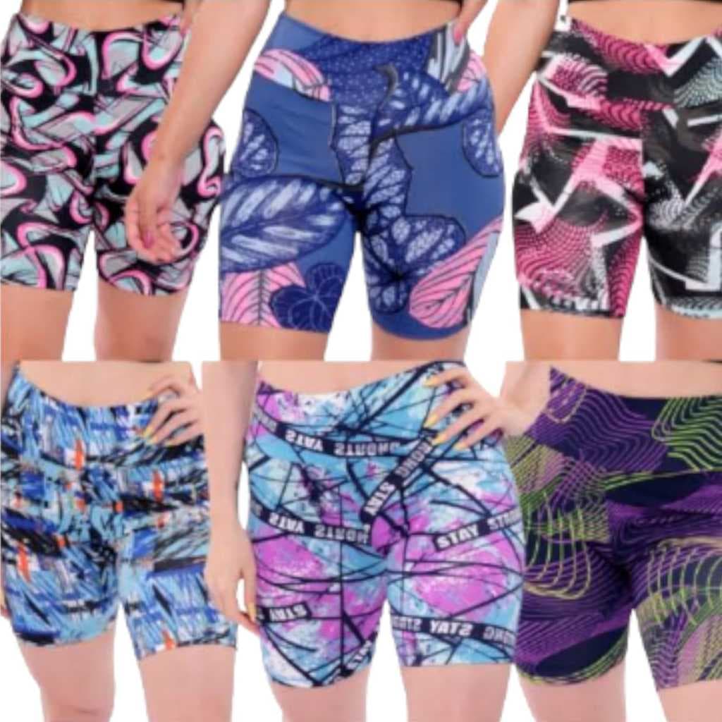 Kit 3 shorts feminino estampados suplex academia caminhada meia coxa