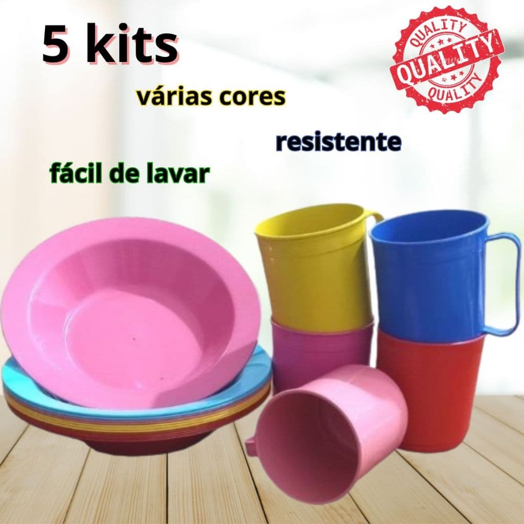 5 caneca 5 prato redondo fundo duro colorido resistente kit refeição sobremesa lanche criança idoso