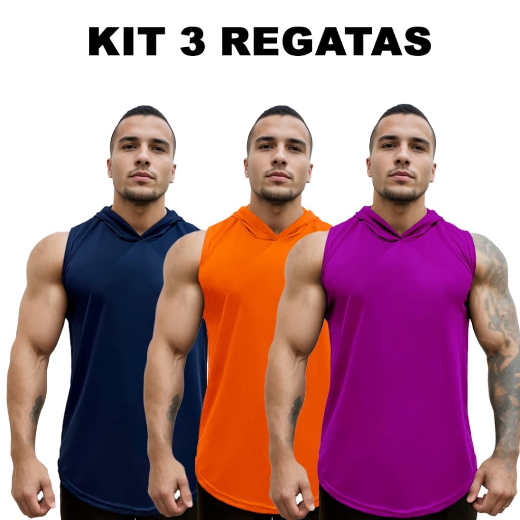 Kit com 3 Regatas Marinho + Laranja + Cores Masculina Longline em Dry com Capuz Lisa - Bombey