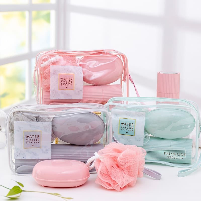 Kit Viagem 5 Peças Com Bolsa Esponja Pente e Ducha