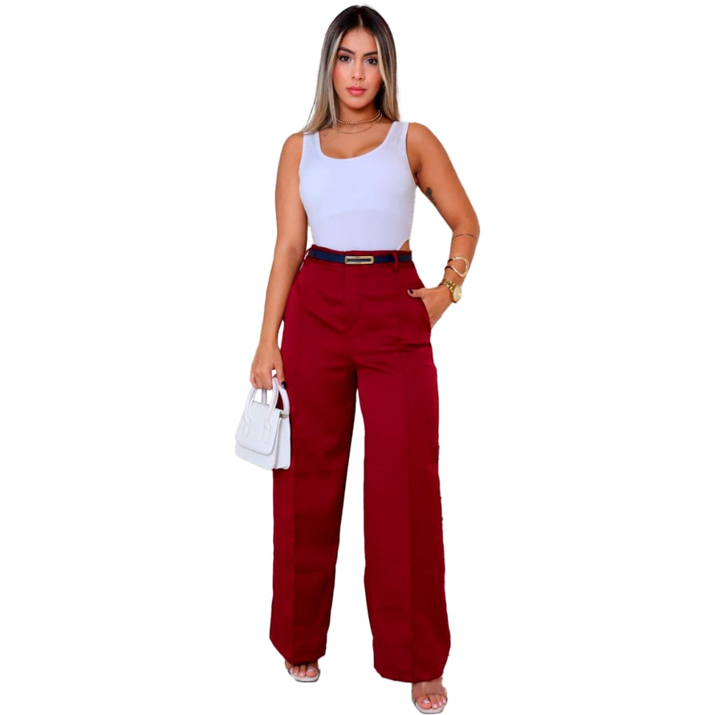 Calça Cintura Alta Pantalona Listra Wide Leg Feminina Social Faixa Calça