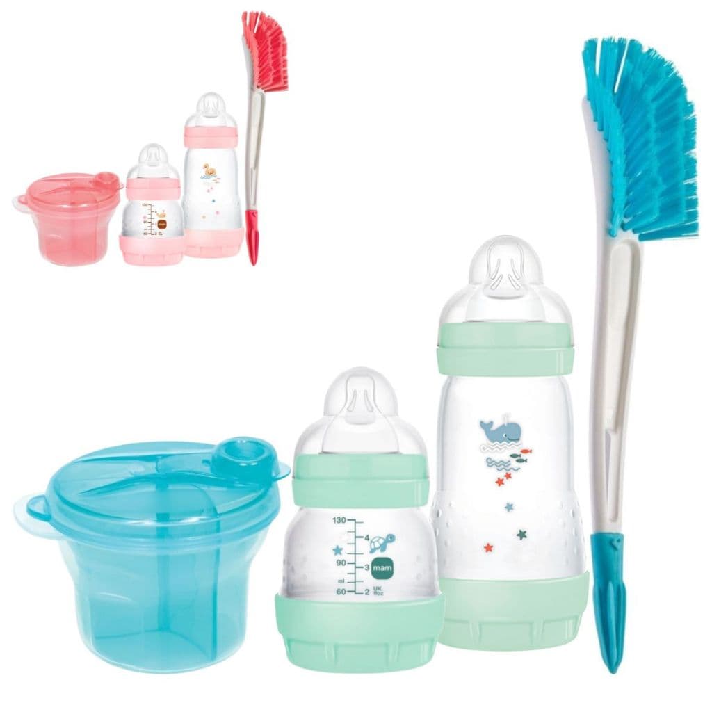 Kit 2 Mamadeiras Mam Easy Start 130ml e 260ml + Pote Dosador Medidor Porta Leite em Pó Buba + Escova para Mamadeira com Limpador de Bico Buba