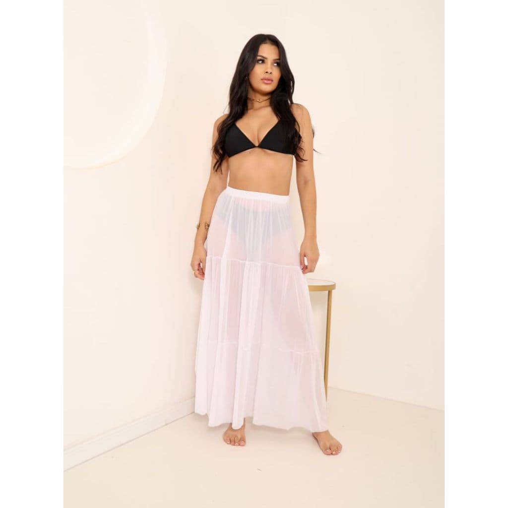 Saída de praia saia longa estilo 3 marias toda em tule liso