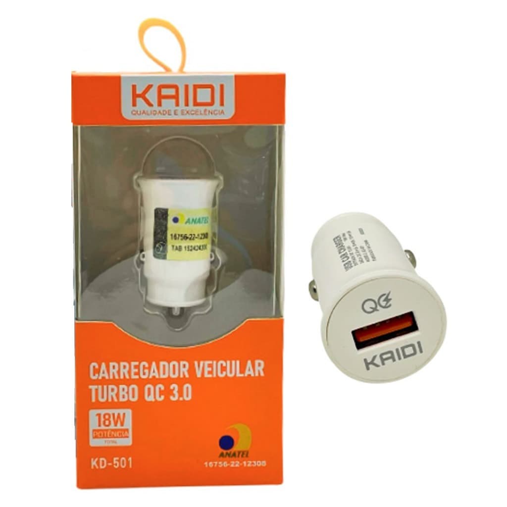 Carregador Celular Veicular Entrada USB Carga Turbo 18w QC 3.0 Kaidi KD-501 Fonte Aparelhos Carro