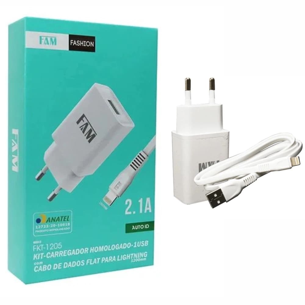 Carregador de Iphone Lightning 2 usb 2.4a FAM com Cabo