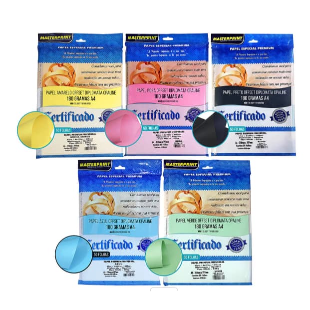 Papel Offset MASTERPRINT opaline 180g diplomata A4 COLORIDO NA MASSA PACOTE COM 50 folhas