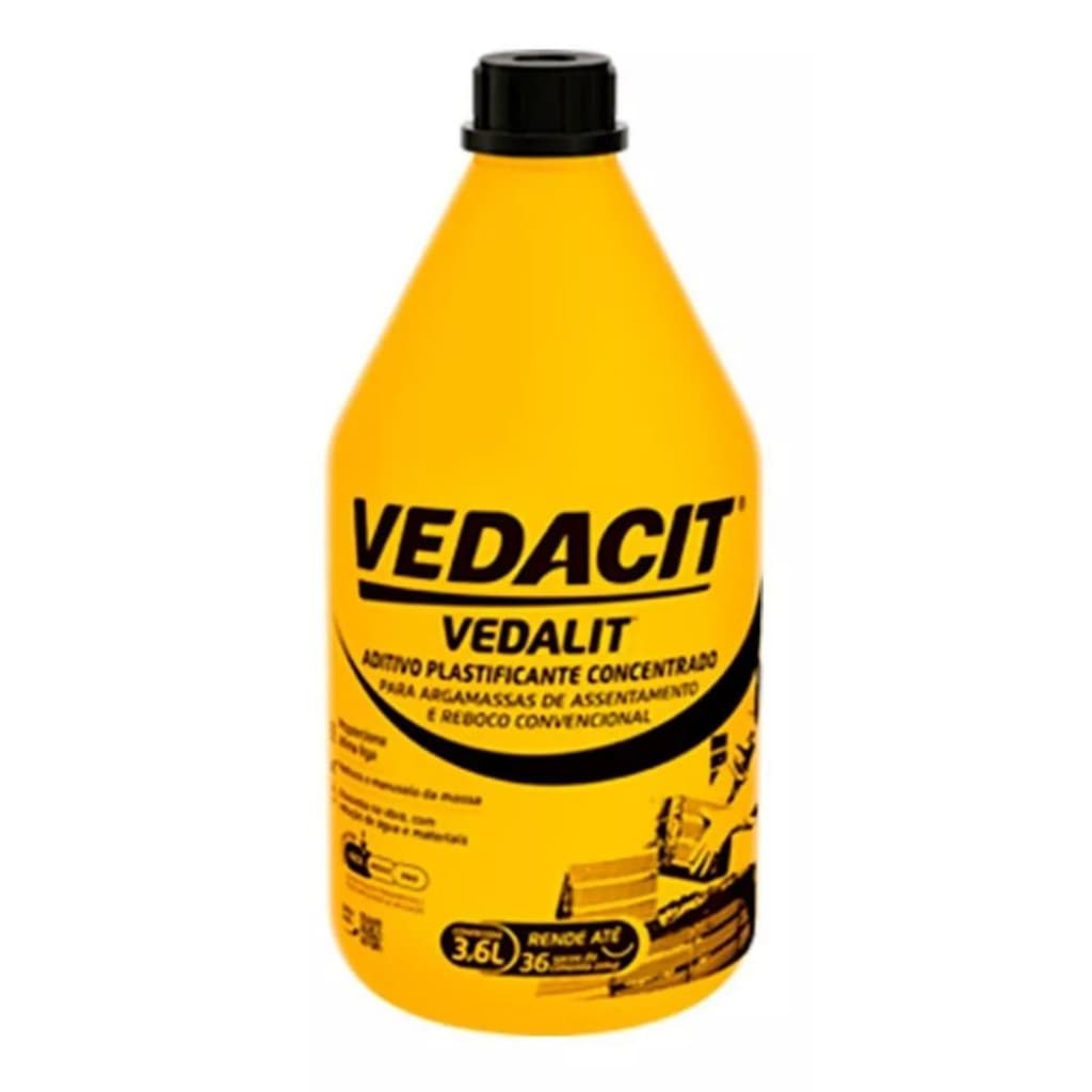 Aditivo Plastificante Concentrado Vedalit 3,6l Galão Reboco Argamassa - Vedacit (RENDE ATÉ 36 SACOS DE CIMENTO - 50KG)