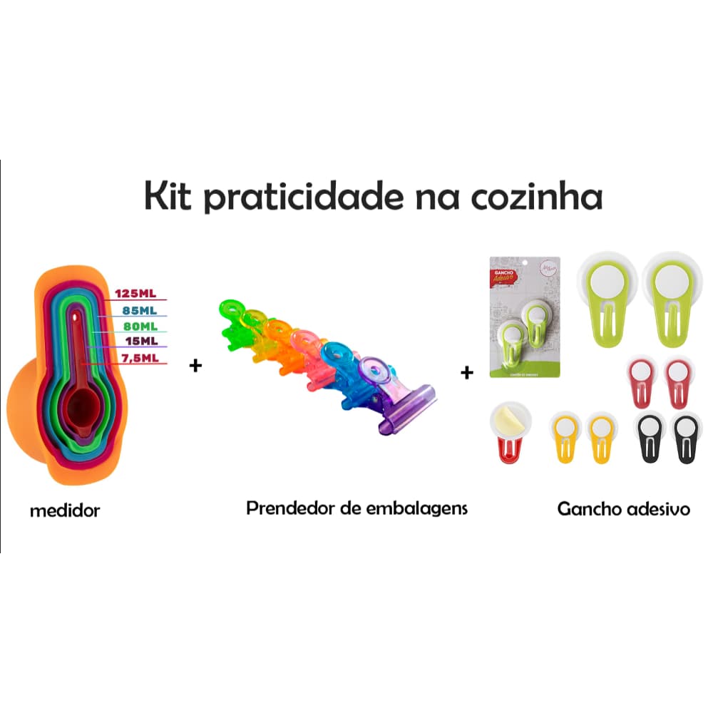 Praticidade na cozinha Kit com medidor + prendedor de embalagem + gancho adesivo