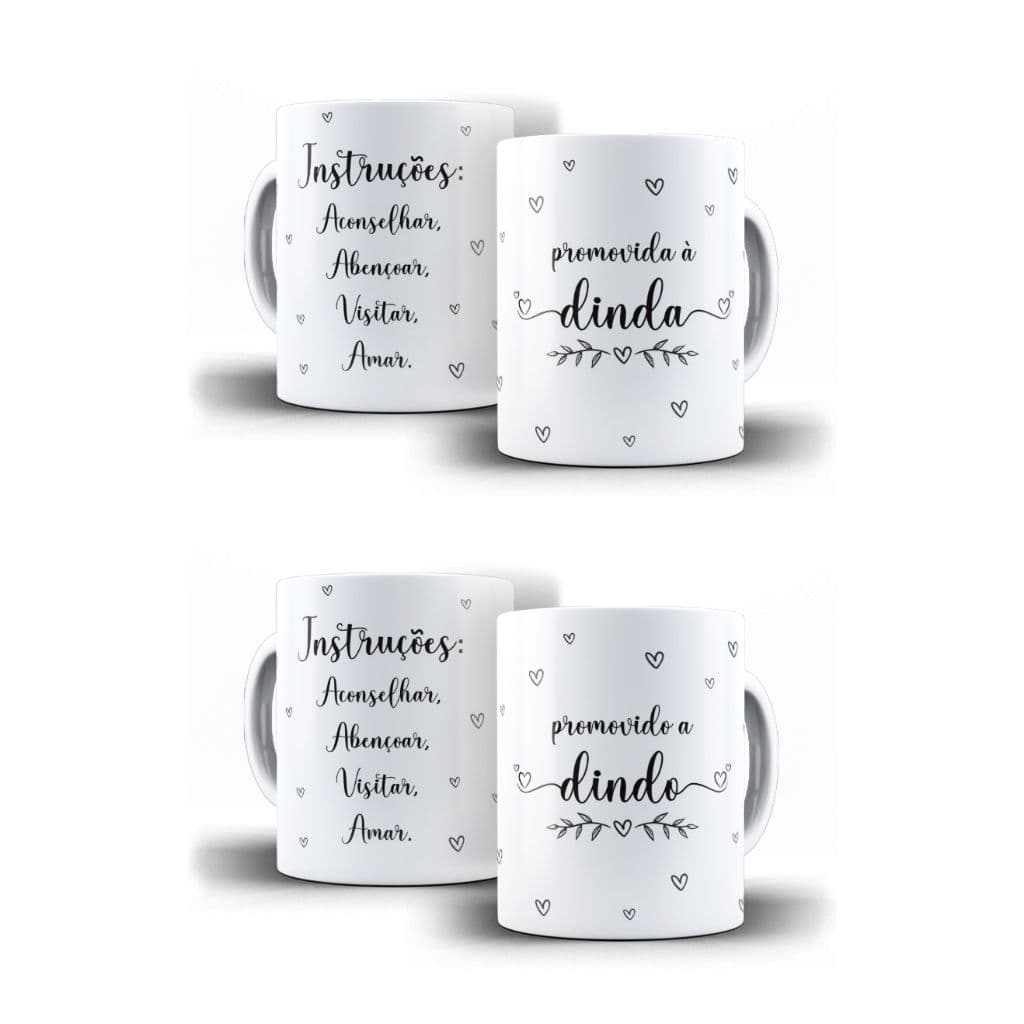 Kit 02 Canecas Porcelana Batizado Dinda e Dindo com Instruções Abençoar Visitar Amar