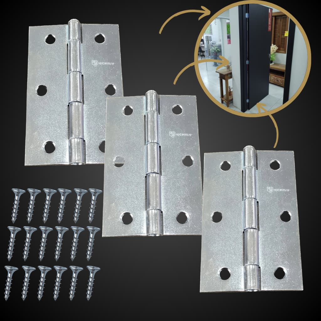 Kit com 3 Dobradiças + Parafusos para porta de madeira Pino  zincada