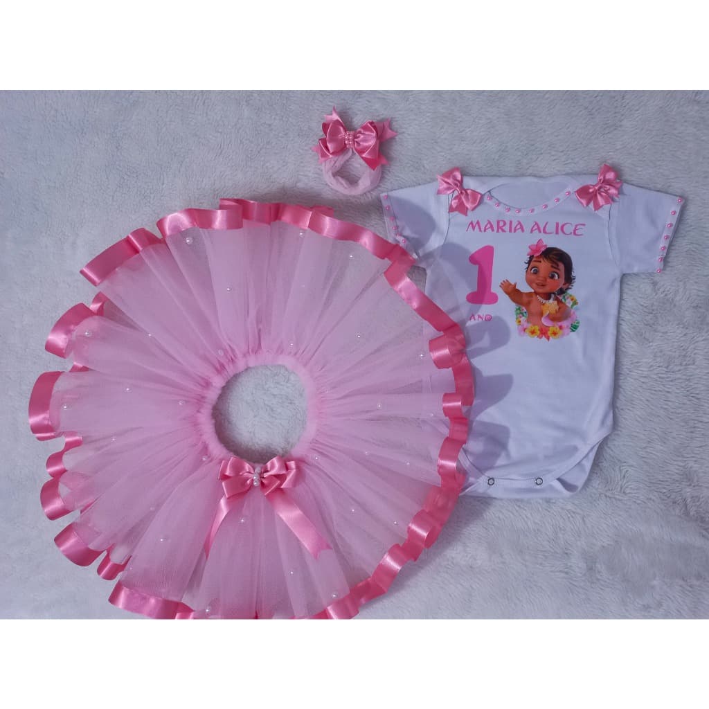 Fantasia Moana baby rosa claro e rosa pink RN E Infantil conjunto completo body saia e laço de cabelo