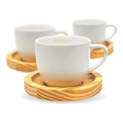 Jogo 4 Xicaras Porcelana Café Chá Com Pires  Madeira 08 Peças Caneca