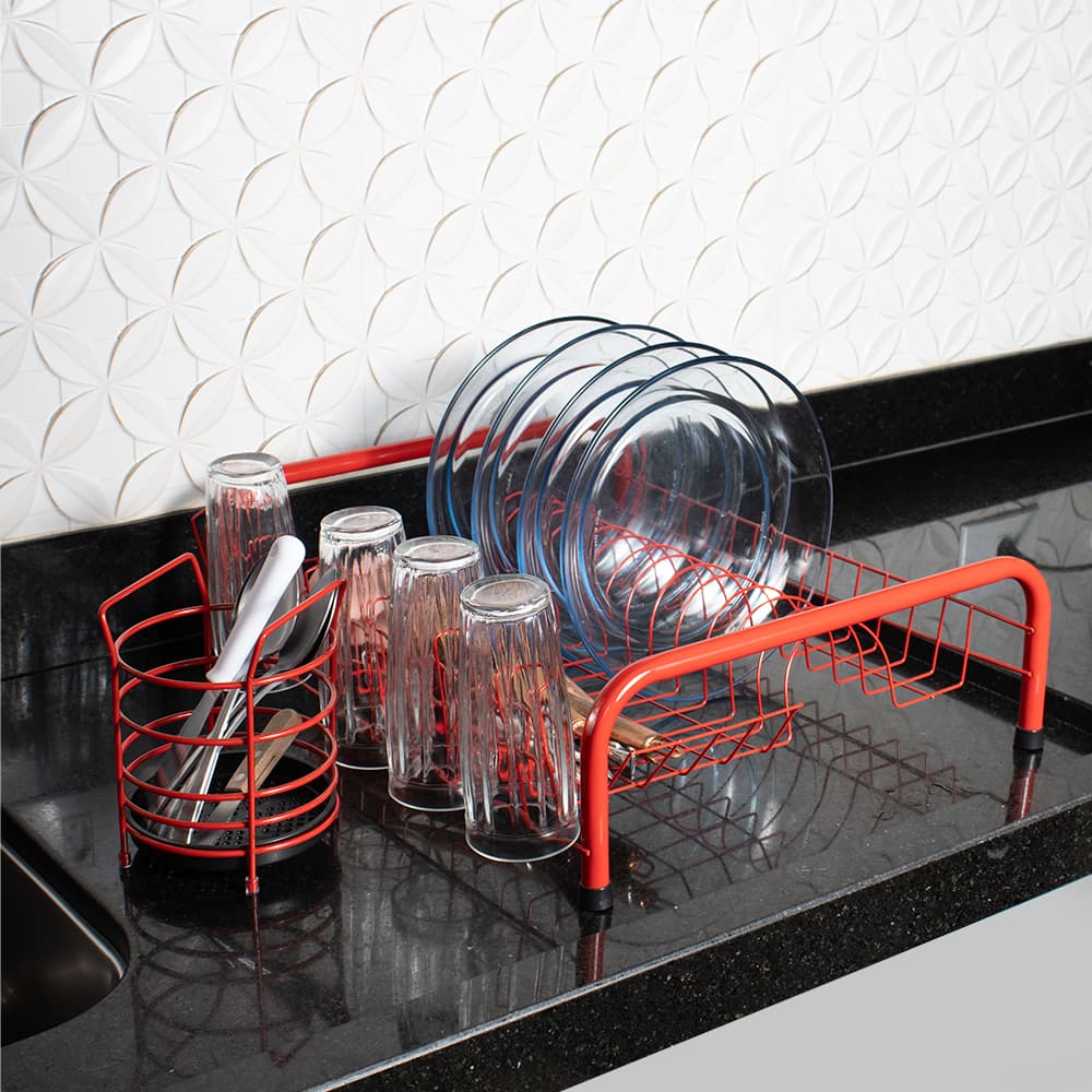 Kit Escorredor de Louça Cama Porta Talher 4 cores Rosa Preto 13 pratos Secador Grande pia bancada