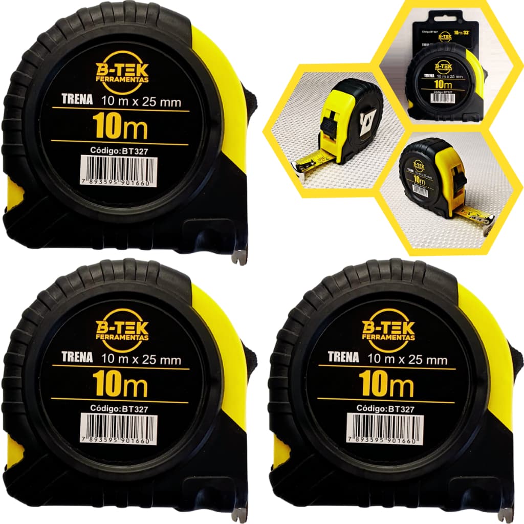 Kit 3 Trenas Emborrachada Profissional 10m X 25 mm Fita Métrica Aço Trava Retrátil Flexível