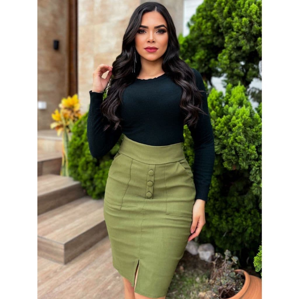 Saia Mídi Lápis Com Bolso Social Secretaria Feminina Moda Evangélica Ideal para Mulheres Modernas e Estilosas!