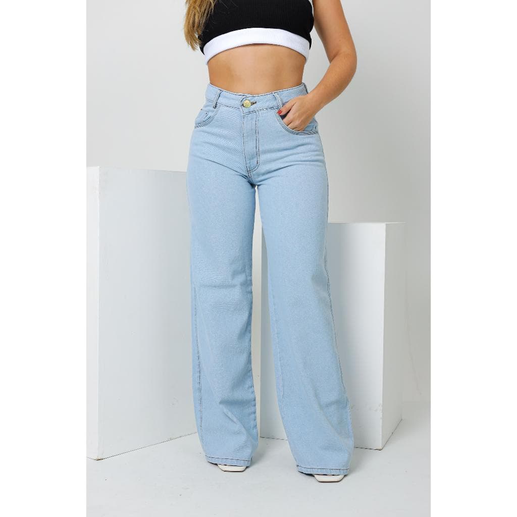 Calça jeans wide leg lavagem clara sem lycra