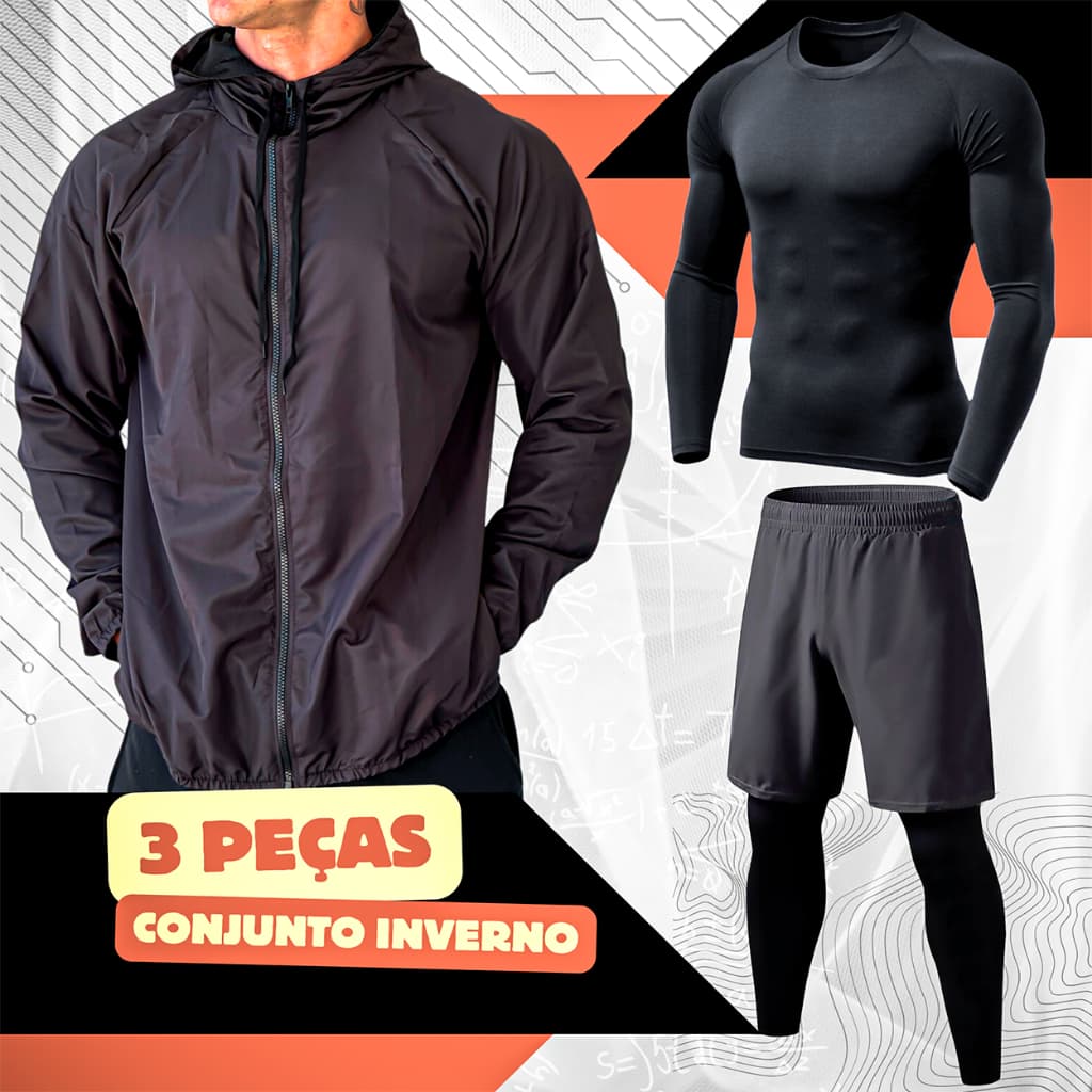 Conjunto Masculino Corta Vento + Camisa UV + Shorts Legg