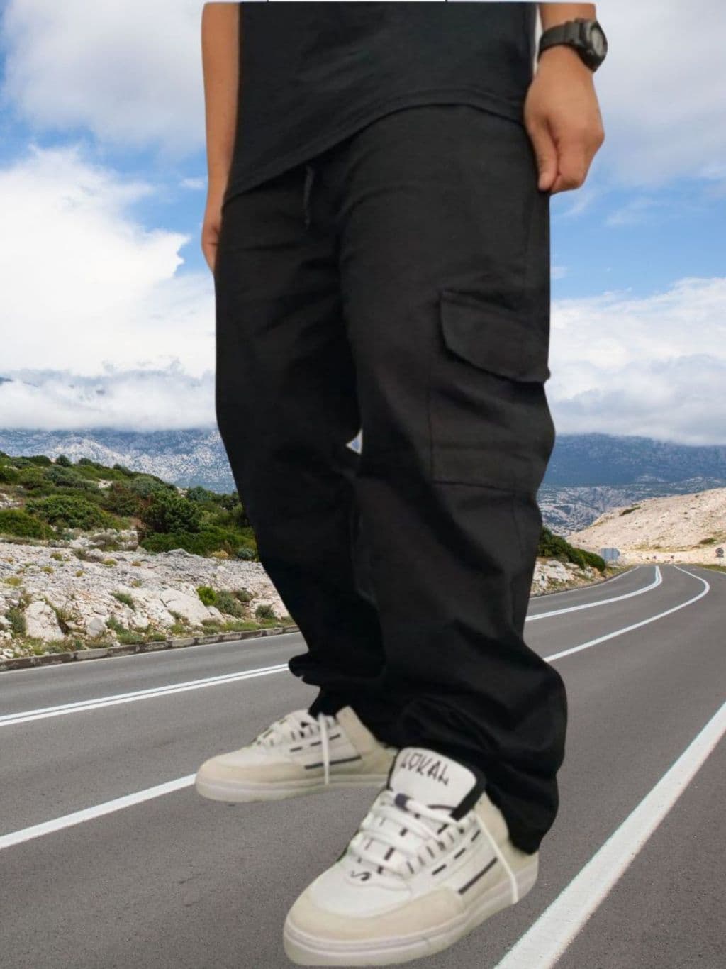 Calças Cargo masculino Roupas Masculinas elegante 6 Bolsos skate Larga Fechamento Cordão