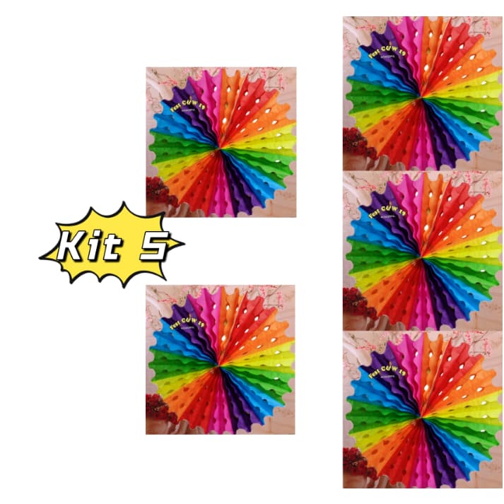 Kit 5 Enfeite de Papel Diâmetro Leque colorido 30cm