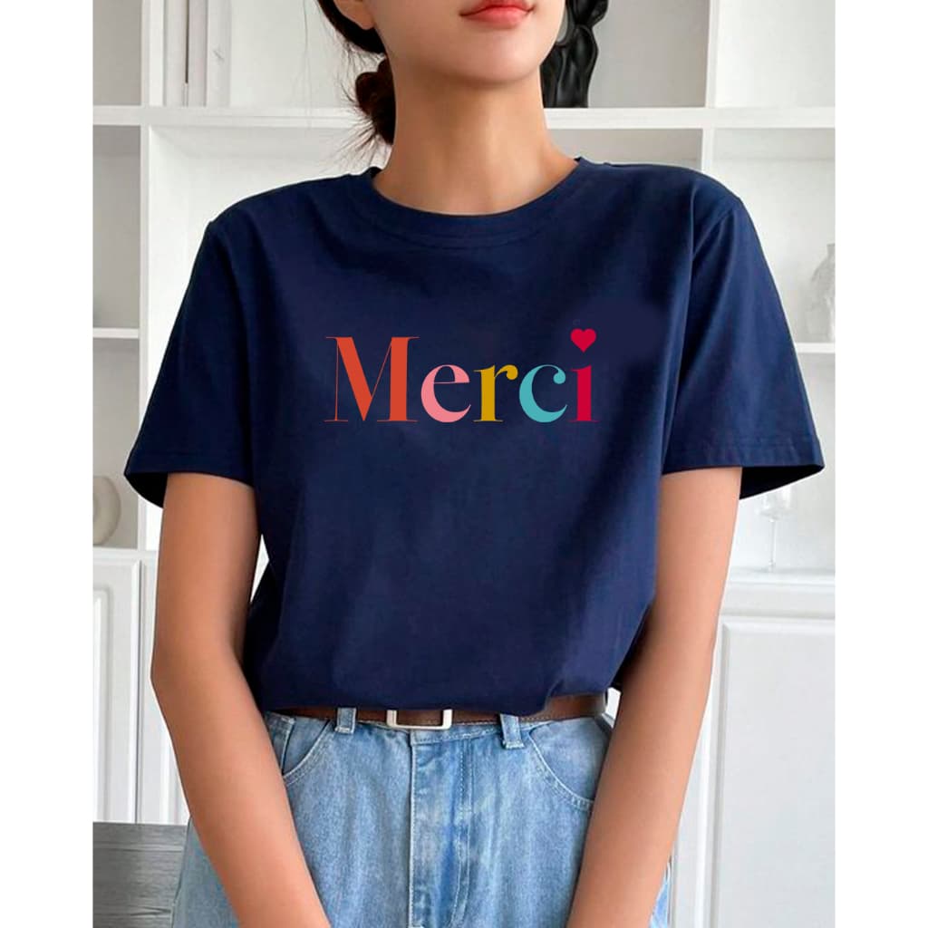 Camiseta T-shirt Feminina Blusa Algodão Merci Francês Frase Minimalista