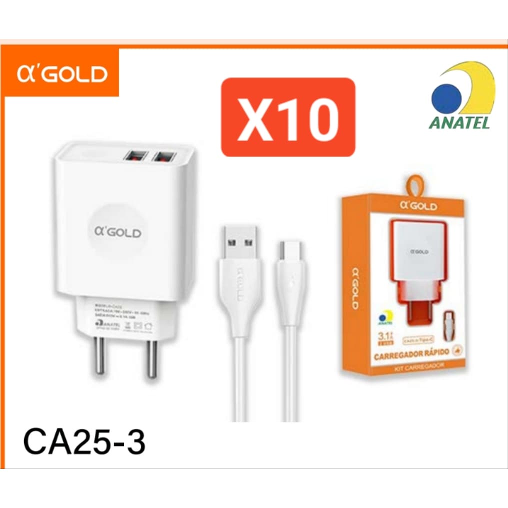 kit 10/6 Carregador Rápido Ca-25-3/tipo-c - A'gold - Android - 2usb