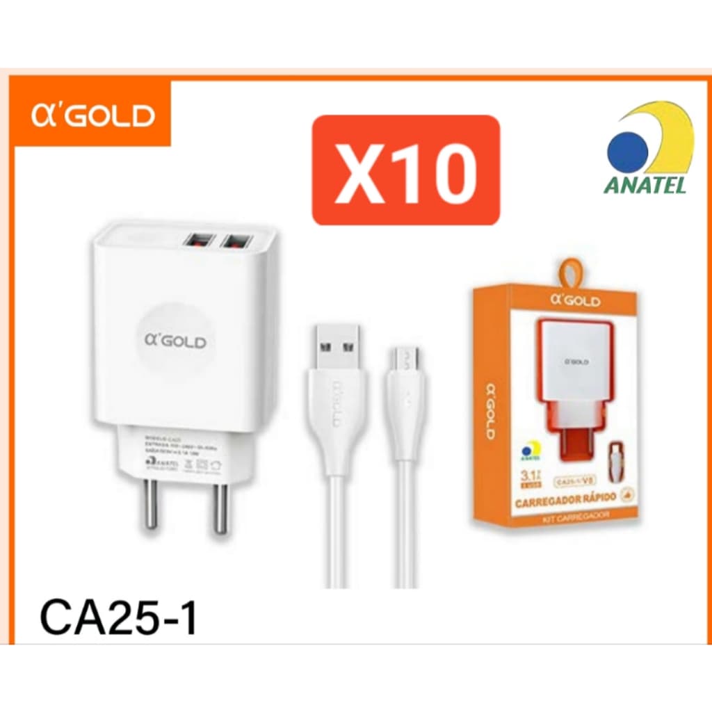 kit 10 CARREGADOR V8 4.1A AGOLD CA25-1