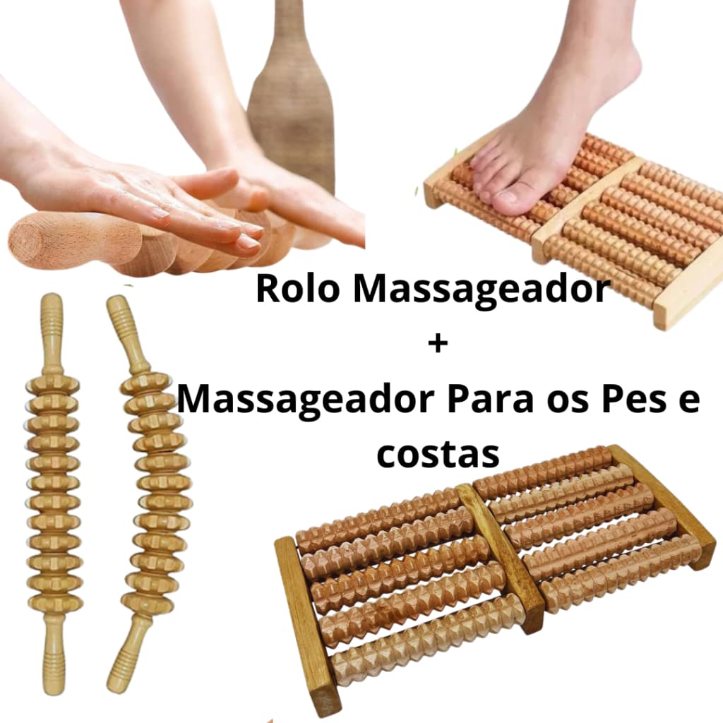 Kit Rolo De Madeira Para Massagem Relaxante 34 cm + massageador para os pês e costas Relaxante Muscular Estimulante