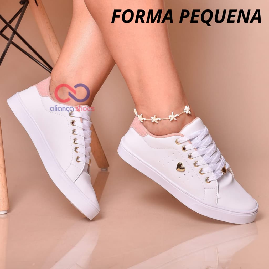 Tênis Feminino Branco Básico Detalhe Coração Casual Novo