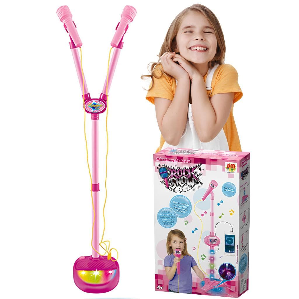 Microfone Infantil Karaokê Duplo Pedestal LED Bluetooth Brinquedo Menina Menino Conecta Celular MP3