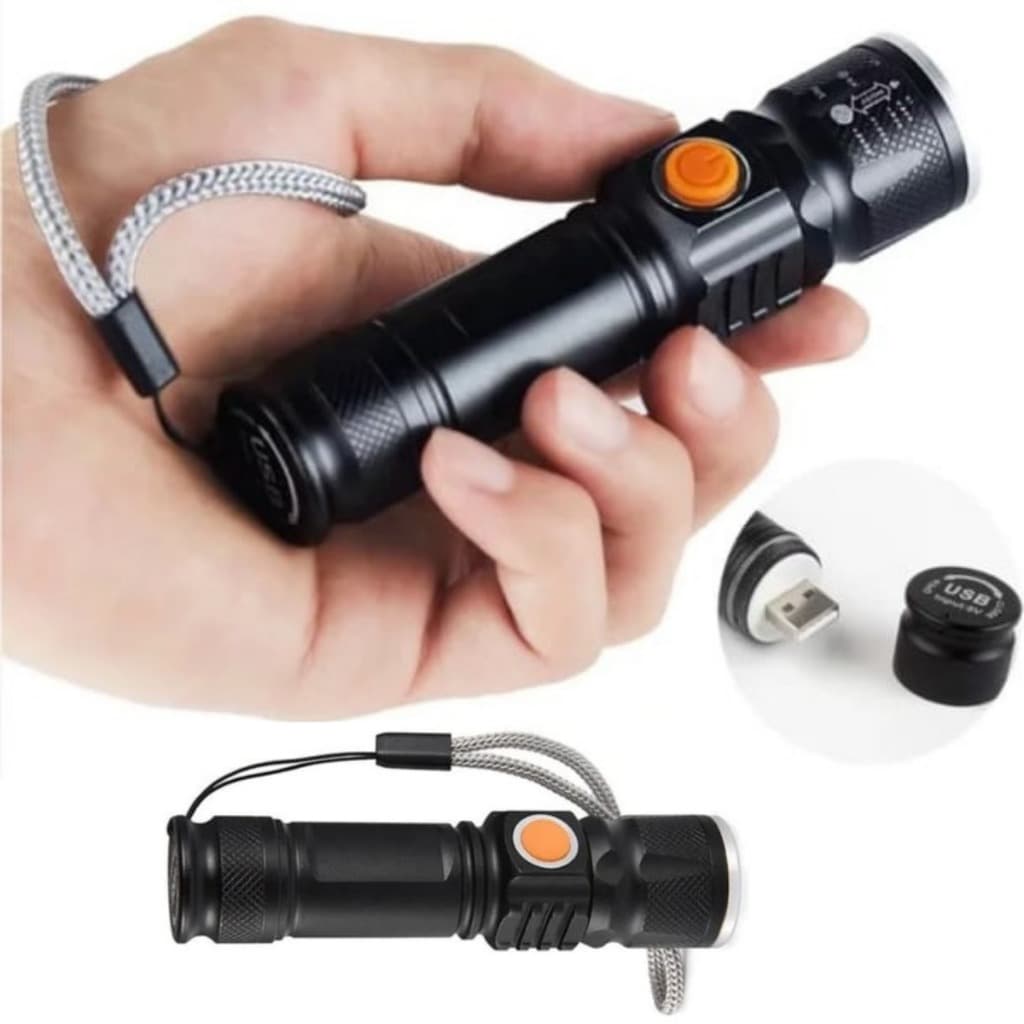 Mini Lanterna Tática Police Usb Recarregável Profissional Preta BIKE LONGO ALCANCE COM ZOOM 11 CM