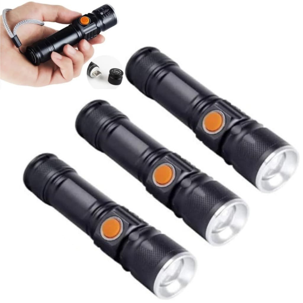 KIT 3 Lanterna Led Profissional Forte A Prova DAgua MINI ALUMINIO METAL RECARREGAVEL USB PRETA 11CM
