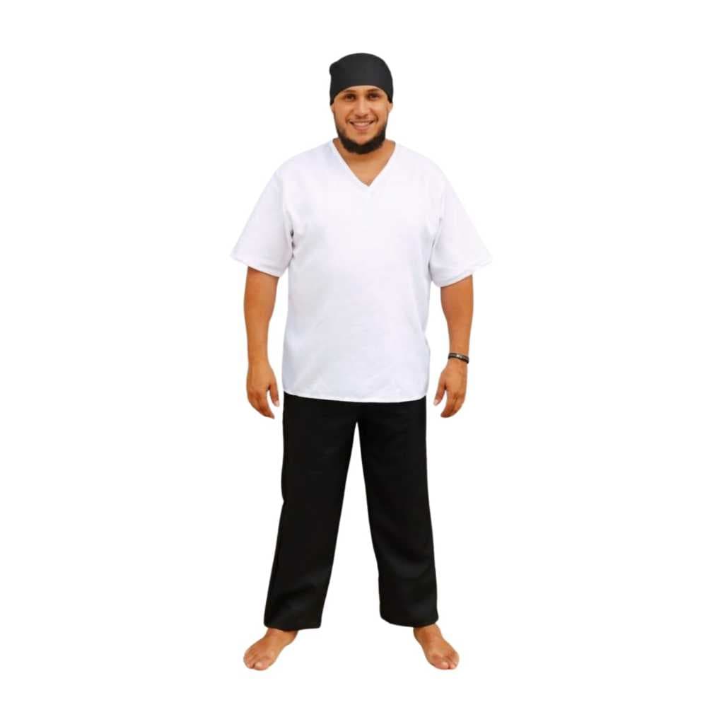 Roupa Umbanda Candomblé Conjunto de  Ração Branca Santo Bata  + Calça  + Ekete 3 peças Branco