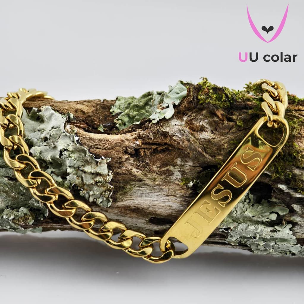Pulseira ajustável para homens e mulheres, JESUS ​​​​gravado em aço inoxidável banhado a ouro PMPN5