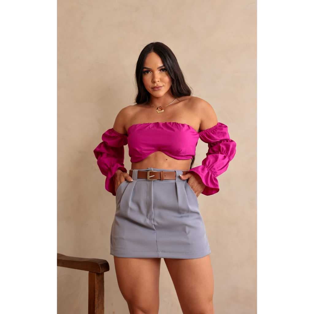 short saia feminino em alfaiataria com cinto