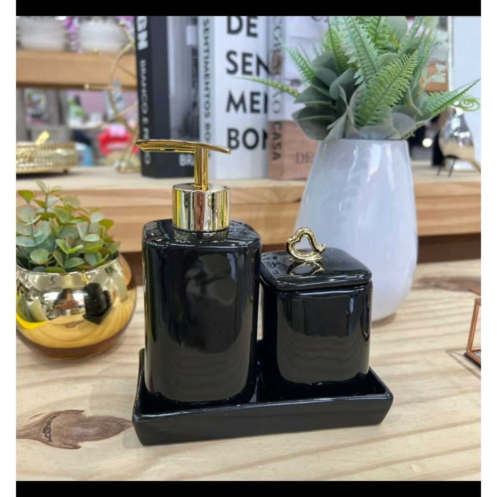 Jogo de Banheiro Mármore Preto - 3 Peças de Porcelana Coração Dourado