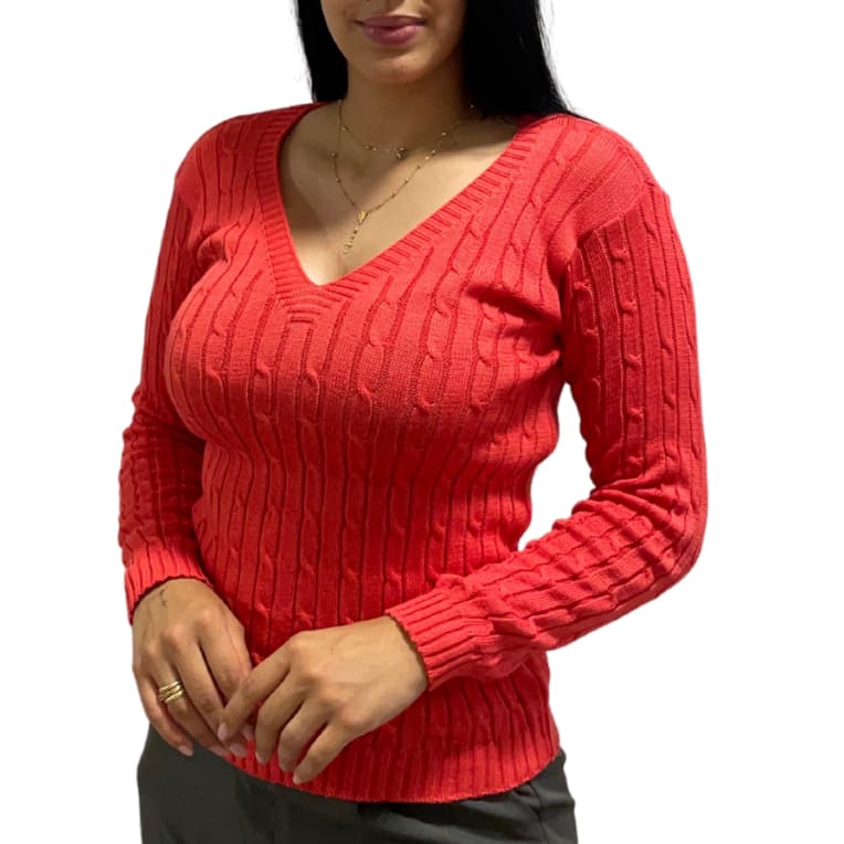 Blusa de Fio trançada Gola V Feminina I Blusa de Lã Gola V I Suéter Trançado Gola V