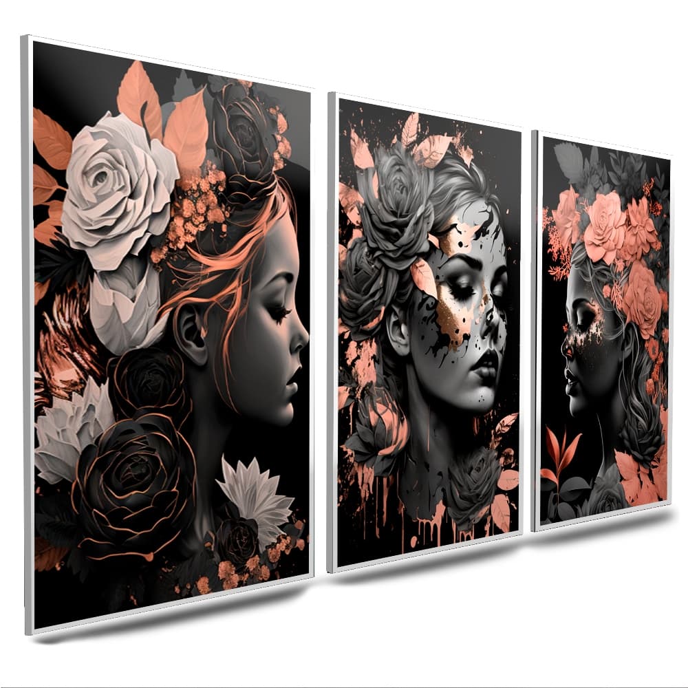 kit quadros salao de beleza mulheres flores rose branco e dourados 3 peças luxo(MEXICANA LARANJA)