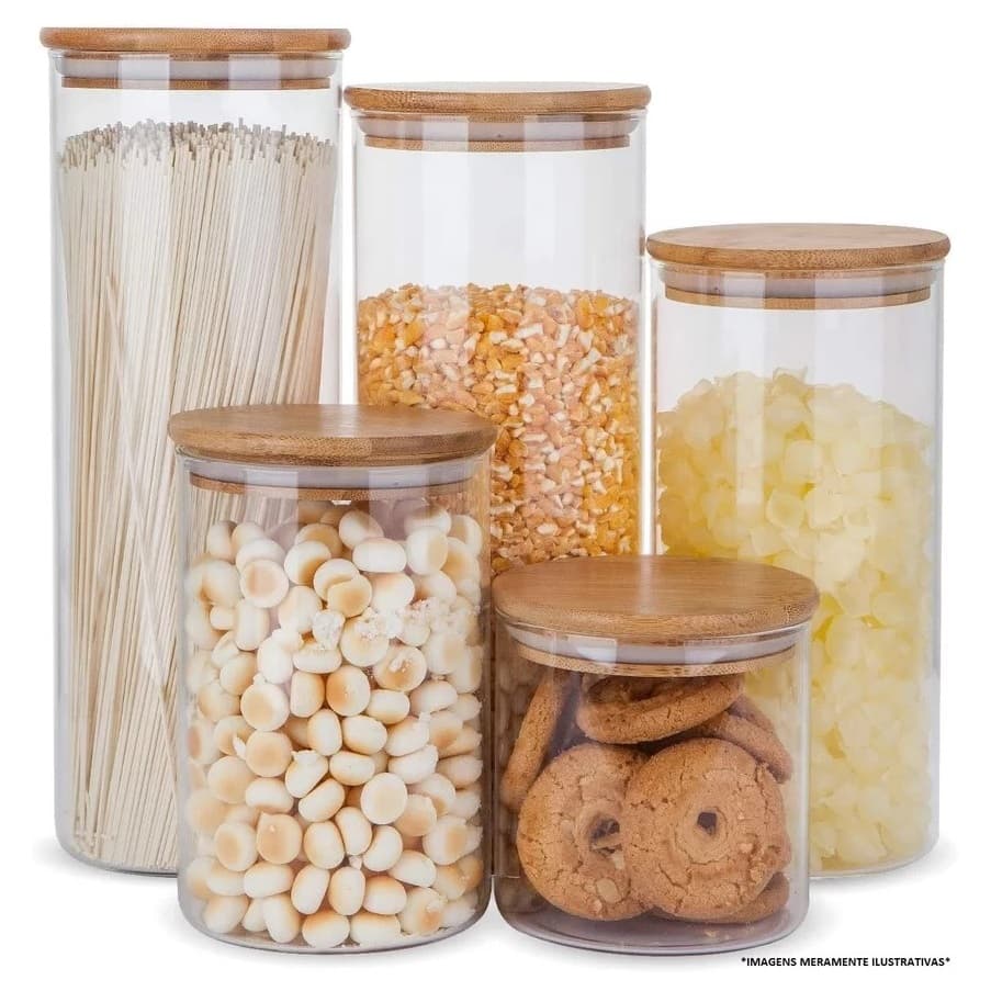 Kit 3 Potes De Vidro Para Mantimentos Tampa Bambu Cozinha