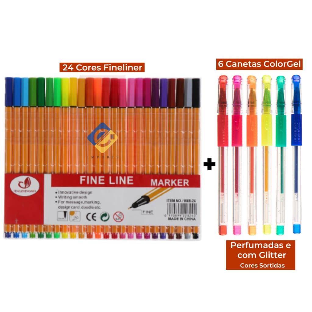 Kit Canetas Coloridas Ponta Fina 24 Cores + 6 Canetas Coloridas Gel com Glitter Perfumadas