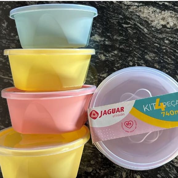 Conjunto Organizador em Plástico - Cores Pasteis - 4 Unidades Com Tampa - Bacias - 740ML - Collors - Kit de Casa - Livre de BPA - Pode ir no Microondas Envio Imediato - Premium.