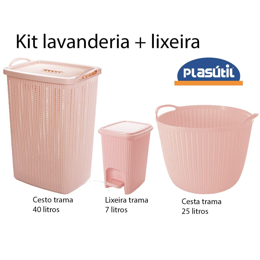 Kit lavanderia com cesto 40L cesta 25L + lixeira de 7 litros - tipo trama - qualidade Plasútil