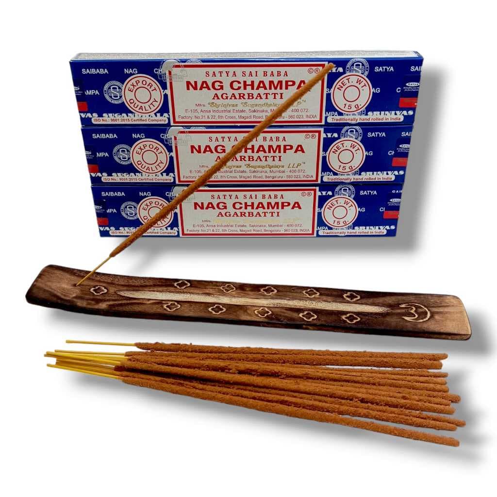 Kit 3 Incensos Satya Massala Nag Champa Sai Baba + Incensário Madeira