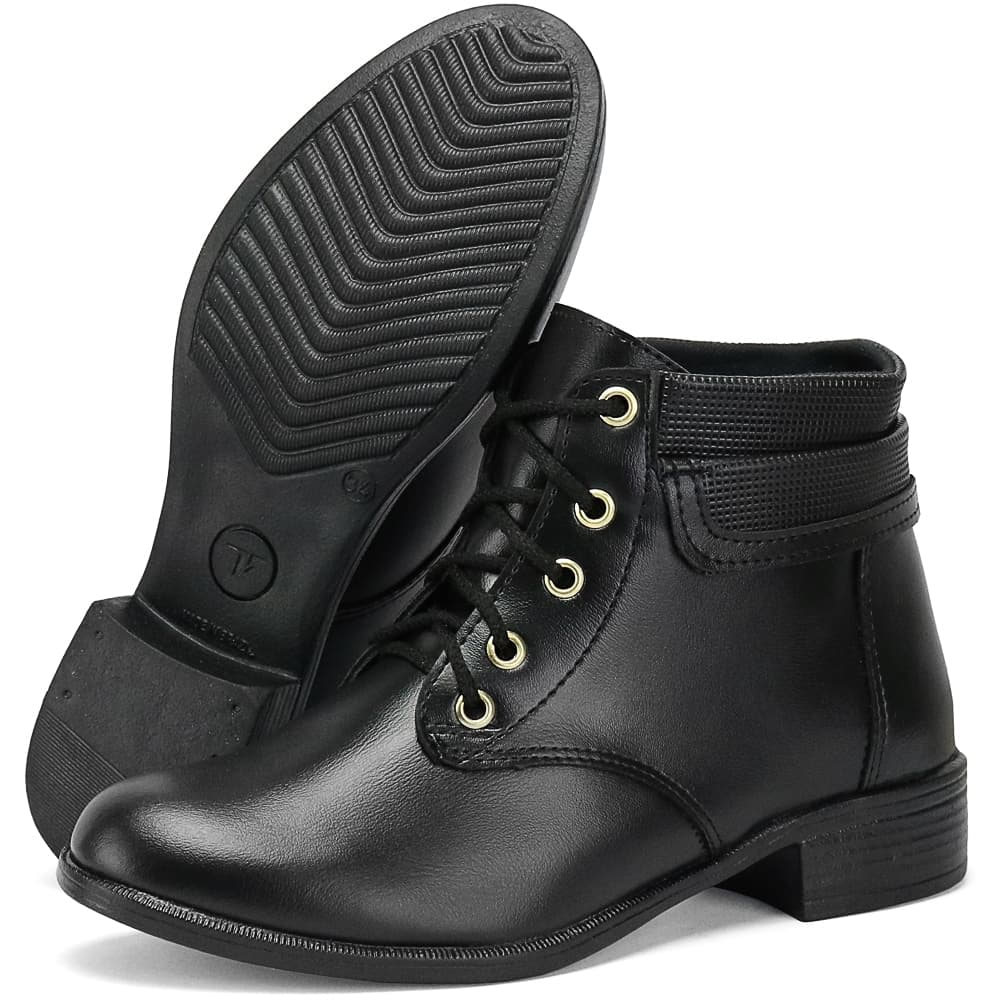 Bota Coturno Feminina Preta Cano Curto Com Cadarços Salto Baixo Para O Dia Dia Inverno
