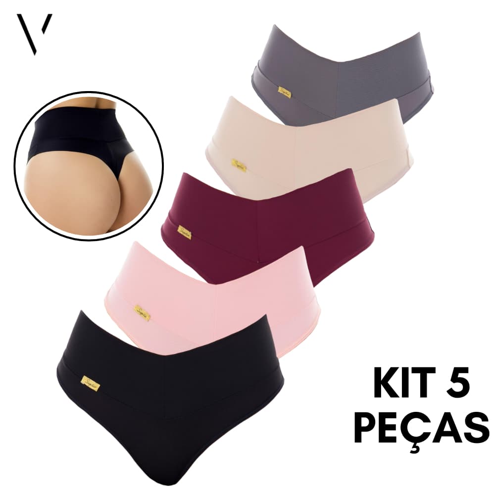 Kit 5 Calcinhas Cinta Modeladora Fio Duplo Cintura Cós Alto