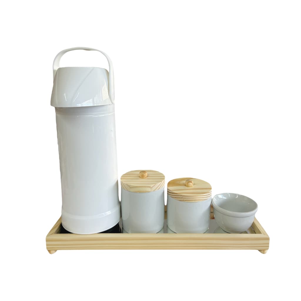 kit higiene bebê porcelana bandeja 4 peças, porta cotonete, porta algodão, molhadeira, garrafa térmica 1 litro