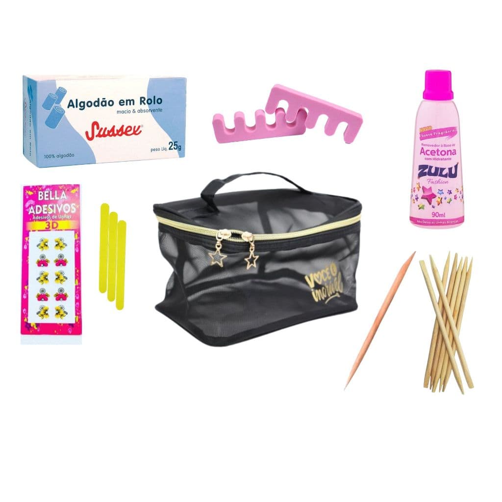 Kit 7 em 1 Necessaire +Algodão,Acetona,Separador EVA,Lixa e Palito Kit Premium